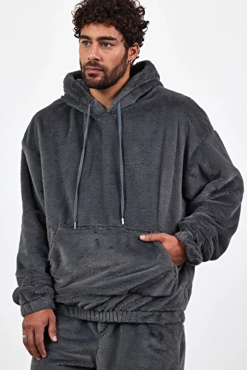 MADZEYMODA Men's Oversize Hooded Lined Gray Plush Sweatshirt Mz86046