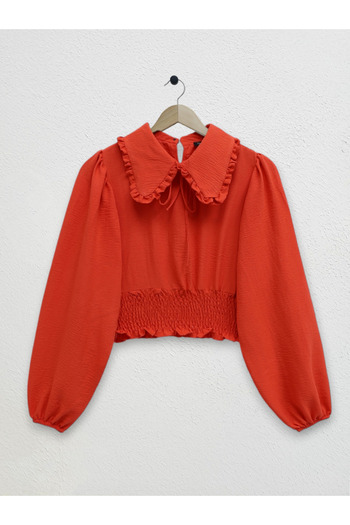 Modamorfo Elastic Waist Baby Collar Long Sleeve Blouse - Pomegranate Flower