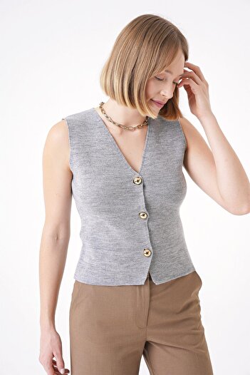 CHUBA Women's Gold Buttoned Textured Regular Fit Knitwear Vest Gray 25W3001