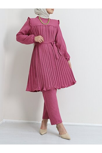 Modamorfo Robadan Pleated Waist Tied Double Set - Fuchsia
