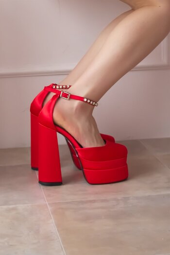 ShoeTek Women's Heeled Shoes Satin Stone Double Platform Rianna Red