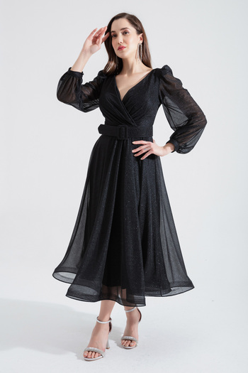 Lafaba Women's Black Double-breasted Collar Belt Glitter Midi Evening Dress