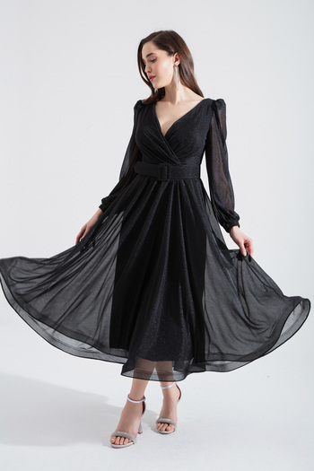 Lafaba Women's Black Double-breasted Collar Belt Glitter Midi Evening Dress