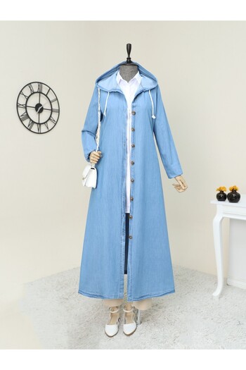 Modamorfo Lange Denim-Mütze mit Kapuze und Knöpfen – Hellblau