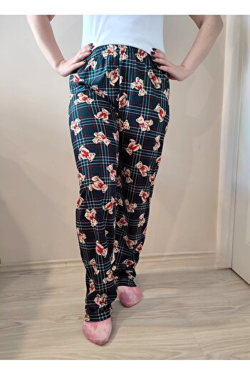 enmodaiçgiyim Green Teddy Bear Patterned Suede Women's Pajama Bottoms