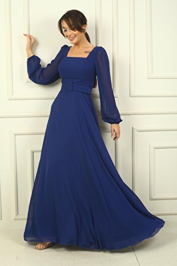 By Saygı Square Neck Belted Waist Lined Chiffon Long Evening Dress