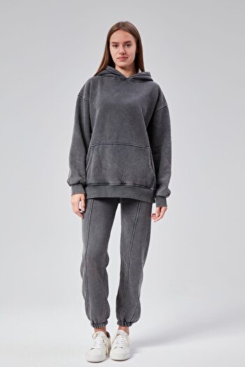 soBasic Anthracite Hooded Three Yarn Tracksuit Set - Kangaroo Pocket and Wash Detail