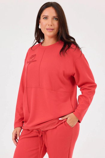 Gala-Xi Galaxi Women's Large Size Rose Embroidered Pocket Sweatshirt 4003 Red