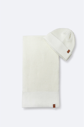 Avva Men's Ecru Jacquard Knitwear Scarf Beret Set A42Y9220