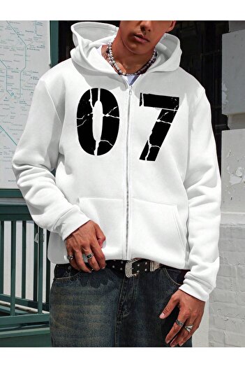 PENTHİLUS Αντικαταστάσιμο 07 White Oversize φούτερ με κουκούλα - εμπρός και πίσω στάμπα με φερμουάρ