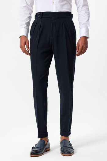 Antioch Navy Blue High Waist Pleated Textured Men's Trousers