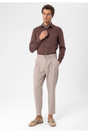 Antioch Dark Stone High Waist Buckle Belt Pleated Fabric Trousers