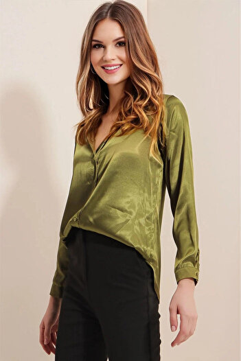hazelin Women's Oil Green Satin Surface Hijab Shirt Hzl25W-Bd 139641
