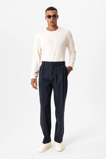 Antioch Navy Blue High Waist Pleated Relaxed Fit Baggy Men's Pants