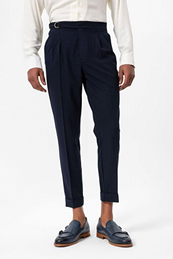Antioch Dark Navy Blue High Waist Buckle Closure Pleated Men's Trousers