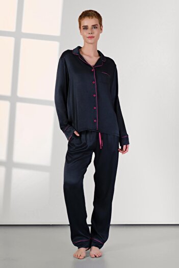 Doreanse Women's Long Sleeve Front Buttoned Satin Navy Blue Pajamas Suit C7T3N0O4
