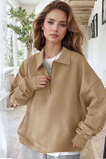 Millionaire Γυναικείο φούτερ Camel με μισό φερμουάρ Polo λαιμόκοψη 3 κλωστών με φλις εσωτερικά Raster Oversize φούτερ