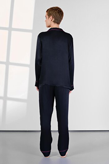 Doreanse Women's Long Sleeve Front Buttoned Satin Navy Blue Pajamas Suit C7T3N0O4