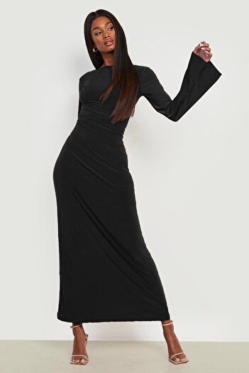 Madmext Black Boat Neck Back Detailed Maxi Long Dress MG1993