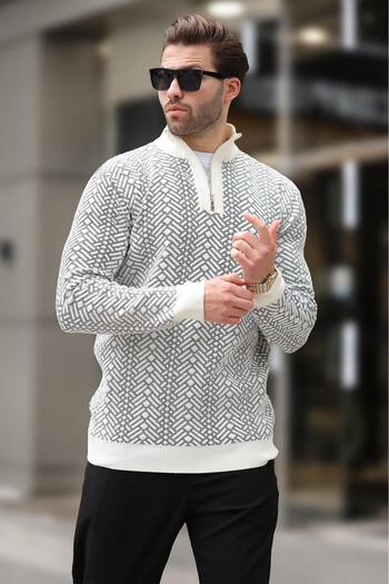 Madmext Ecru Zipper Collar Long Sleeve Patterned Knitted Sweater E7287