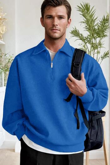 Millionaire Men's Blue Half Zipper Polo Collar 3 Thread Fleece Ribbed Oversize Sweatshirt