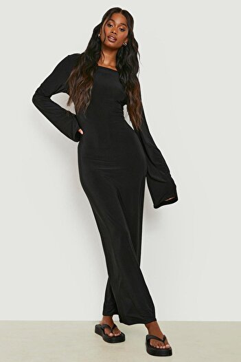 Madmext Black Boat Neck Back Detailed Maxi Long Dress MG1993