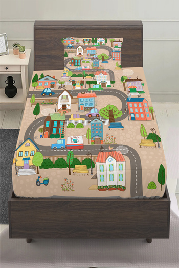 3D ELSE HALI Neighborhood City Patterned Boy's Single Pillowed Elastic Sheet Set 100X200Cm