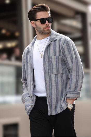 Madmext Gray Patterned Men's Fleece Shirt with Pockets E6757