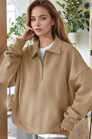 Millionaire Γυναικείο φούτερ Camel με μισό φερμουάρ Polo λαιμόκοψη 3 κλωστών με φλις εσωτερικά Raster Oversize φούτερ