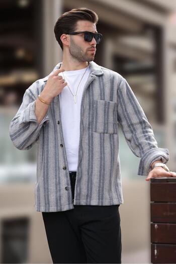 Madmext Gray Patterned Men's Fleece Shirt with Pockets E6757