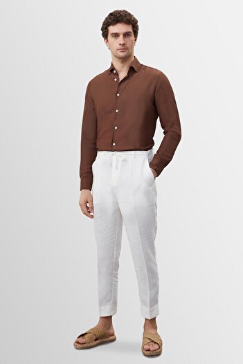 Antioch Brown Collar Button Detailed 100% Linen Men's Shirt