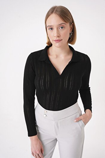 CHUBA Women's Polo Neck Knit Detailed Regular Fit Knitwear Sweater Black 25W3004