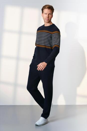 Doreanse Men's Long Sleeve Jacquard Navy Blue Pajamas Suit C6T4N5O4
