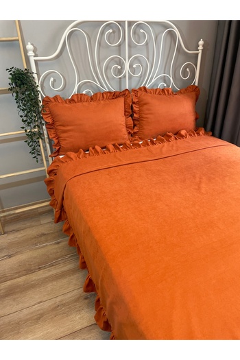 Decamor home Tile Orange Frilly Bedspread Double King Size Bedspread