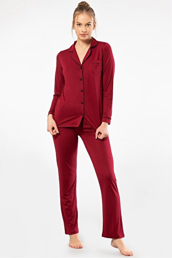 TÜREN 3365 Bordo Kadın Düz Uzun Kollu Gömlek Yaka Pijama Takım