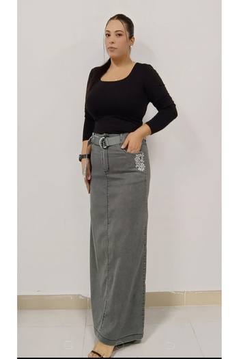AKŞEN GİYİM 95 cm Ankle Length Full Lycra and Belted Long Skirt - Plus Size Thin Denim Sand