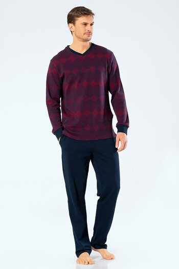 Cacharel 2194 Claret Red Men's Jacquard Checkered V-Neck Pajama Set