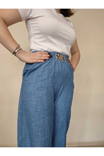 enmodaiçgiyim High Waist Linen Women's Trousers - Dark Blue Shalwar