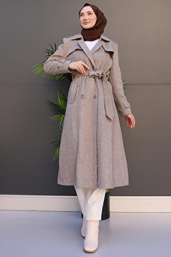 GİZ AGİYİM Mink Stamp Coat - Striped and Belted