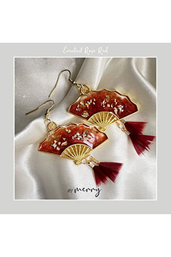by Merry Asian Style Red Fan Earrings - Resin and Furry Detail