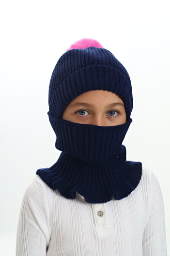 Sevimli Girl's Beret Neck Collar Suit Thessaloniki Braided 4-10 Years Old Single Pompom