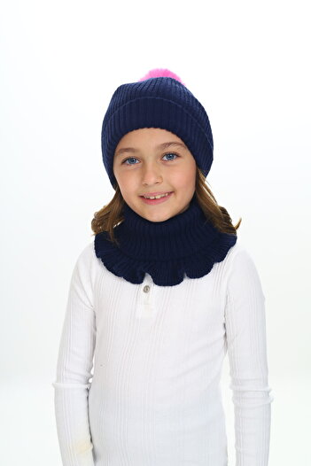 Sevimli Girl's Beret Neck Collar Suit Thessaloniki Braided 4-10 Years Old Single Pompom