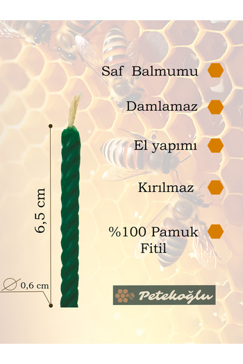Petekoğlu (12 Adet Yeşil) Balmumu Mum Doğal Petek Pasta Parti Mumu Doğum Günü Nişan Kına Gecesi Beeswax Candle