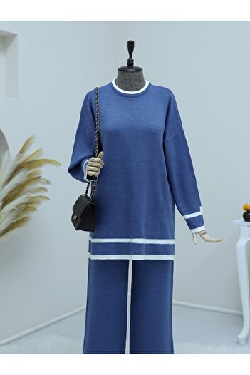 Modamorfo Doppeltes Indigo-Strick-Set – Manschetten gestreift