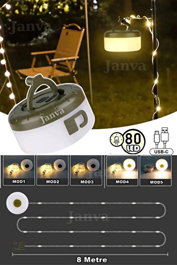 Janva Şarjlı 8x80 Led Kamp Lambası Işıldak Fener Dekor Lambası Yıl Başı Süsü Perde Peri Şerit Led Makaralı