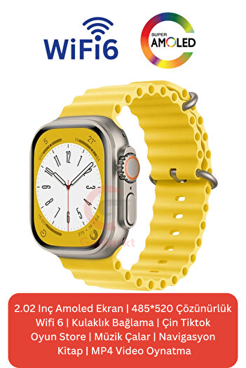 GoMarkt HK10 Ultra 3 Wifi Versiyon 49mm Gümüş Kasa Sarı Kordon Akıllı Saat Kordon Hediyeli