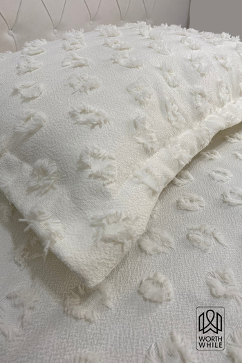 WorthWhile Nora Double Bed Cover Set 240X260 |   Ecru Chenille Fabric, Ring Pattern, Soft Textured