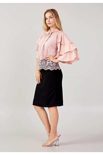 MİSS DİAMOND Short Sleeve Scarf Detailed Lace Powder Double Blouse