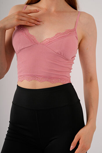 Fanwet Kadın Pembe Crop Askılı Dantelli Çıkarılabilir Pedli Büstiyer Bluz