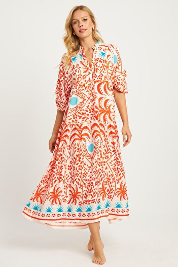 Cool & Modest Ecru Orange Patterned Women's Midi Dress - Mgç169